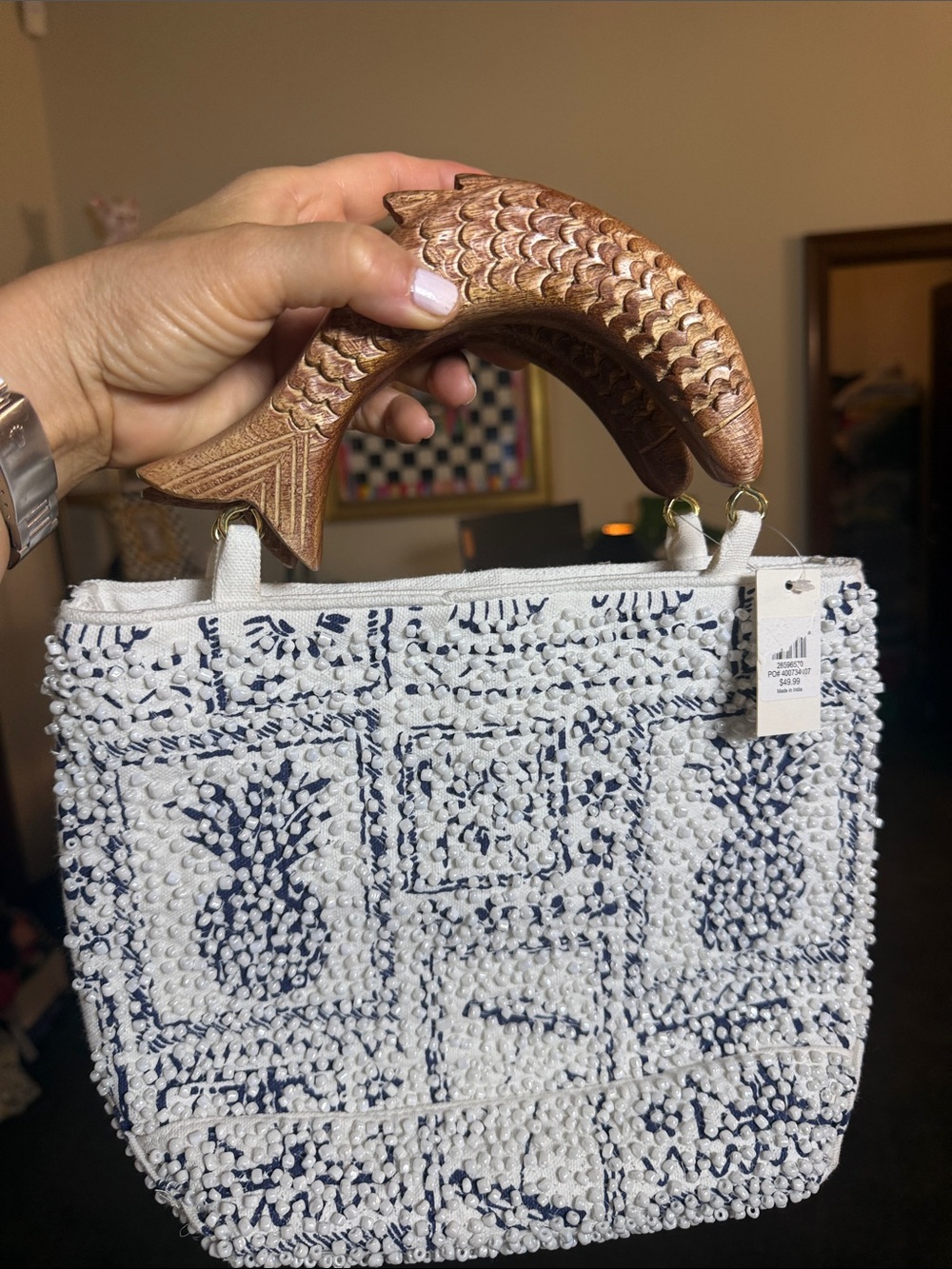 White & Navy Textured Tote with Carved Fish Handle